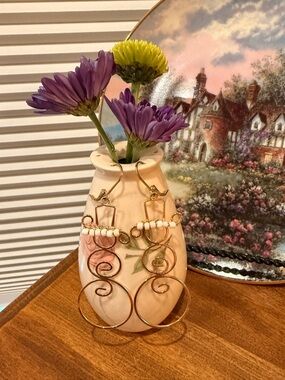 Handcrafted Gold Wire Swirl Earrings with White Bead Accent - Women’s Jewelry